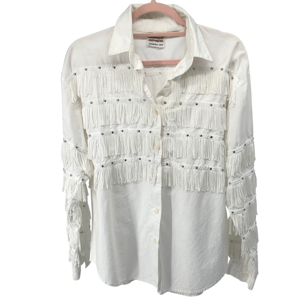 Vintage 1993 Tillman size Small White Cotton Fringe Studded Western Shirt